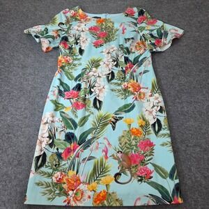 RSVP Talbots 10P Tropical Botanical Shift Dress Blue Floral Monkey Cotton Petite